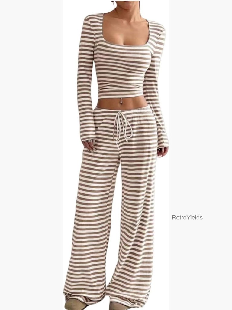 Striped 2 Piece Lounge Set Y2k Square Neck Long Sleeve Crop Top Wide Leg Pajamas